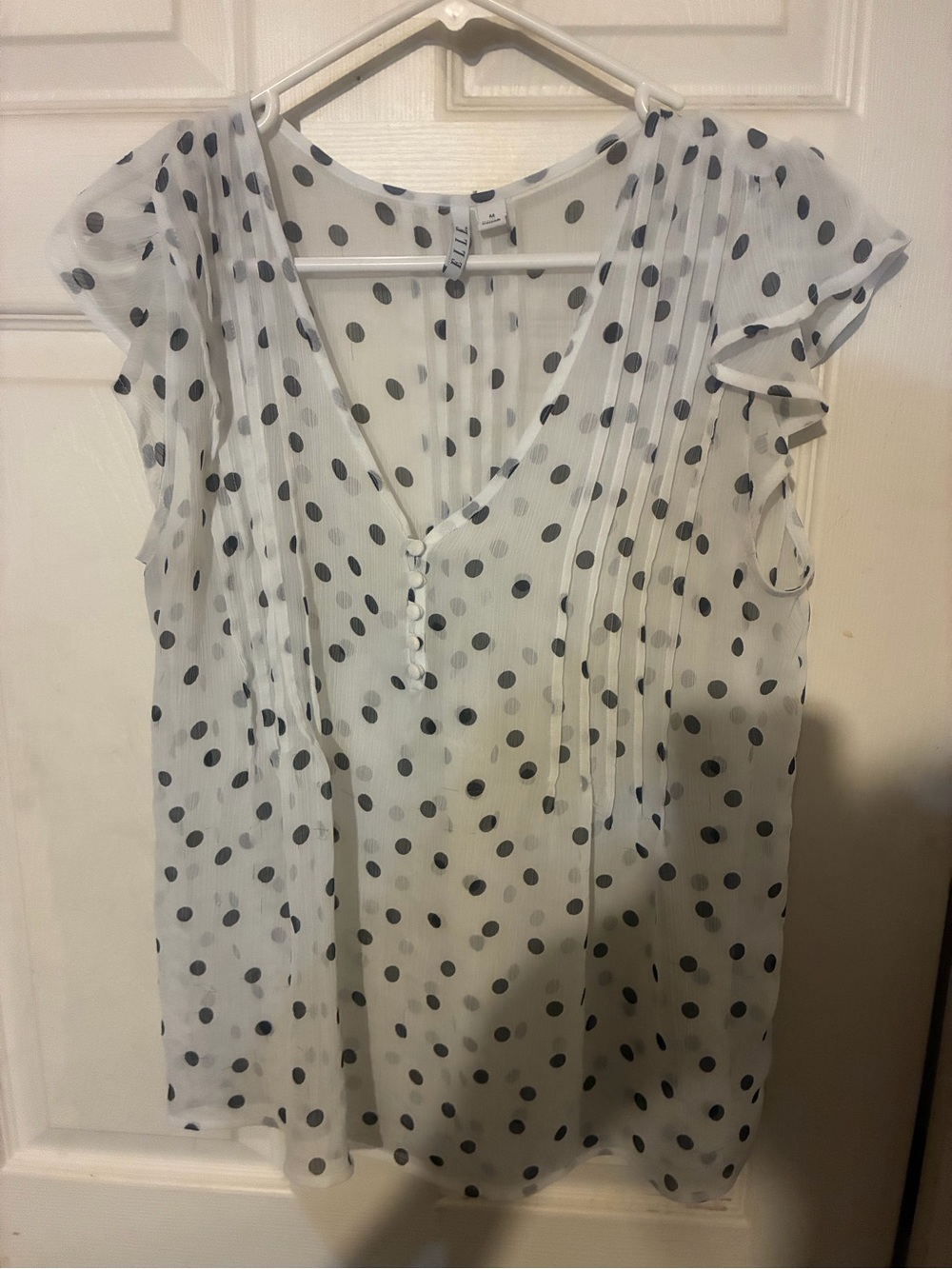 White Polka Dot V-Neck Flutter Sleeve Blouse